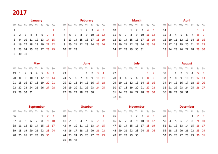 2017年日历 A4横向 英文版 无农历 有周数 周一开始